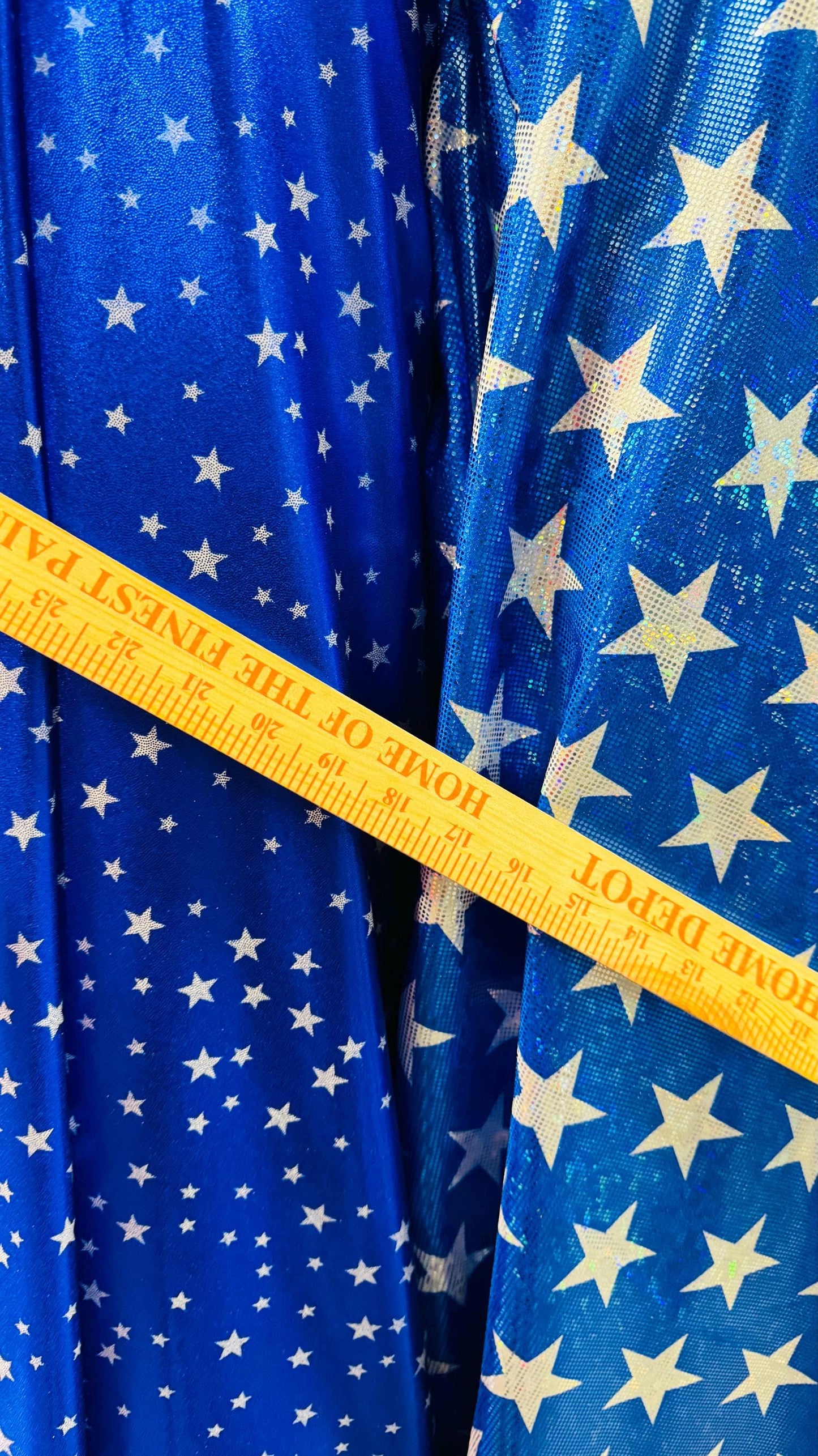 Stars Freedom design on metallic shattered glass and Foggy foil small stars hologram nylon spandex 4-way stretch 58/60”  Sold by the YD.