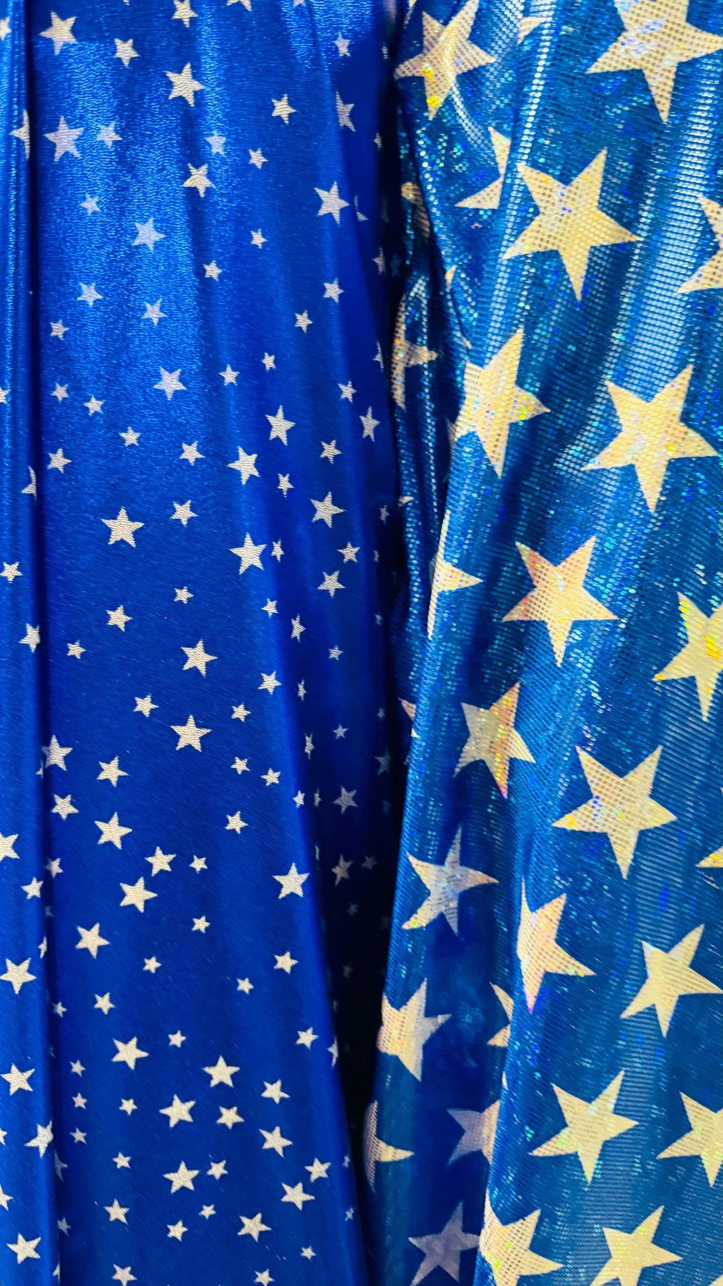 Stars Freedom design on metallic shattered glass and Foggy foil small stars hologram nylon spandex 4-way stretch 58/60”  Sold by the YD.