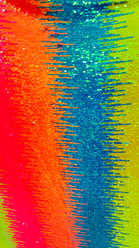 New iridescent multicolor rainbow sequins all over on stretch mesh 2-way 58/60” Sold by the YD. Ships worldwide from Los Angeles California