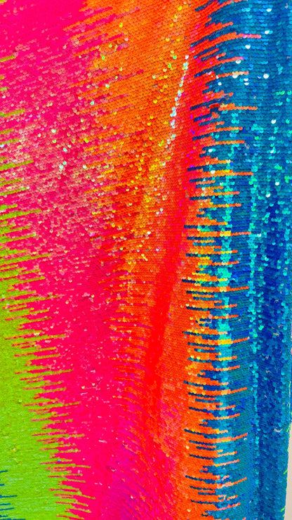 New iridescent multicolor rainbow sequins all over on stretch mesh 2-way 58/60” Sold by the YD. Ships worldwide from Los Angeles California