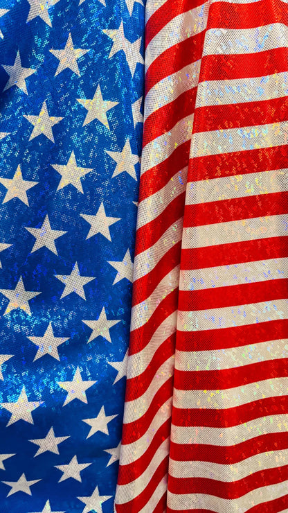 Stars and Stripes Freedom American Flag design on metallic shattered glass hologram nylon spandex 4-way stretch 58/60” High quality fabrics