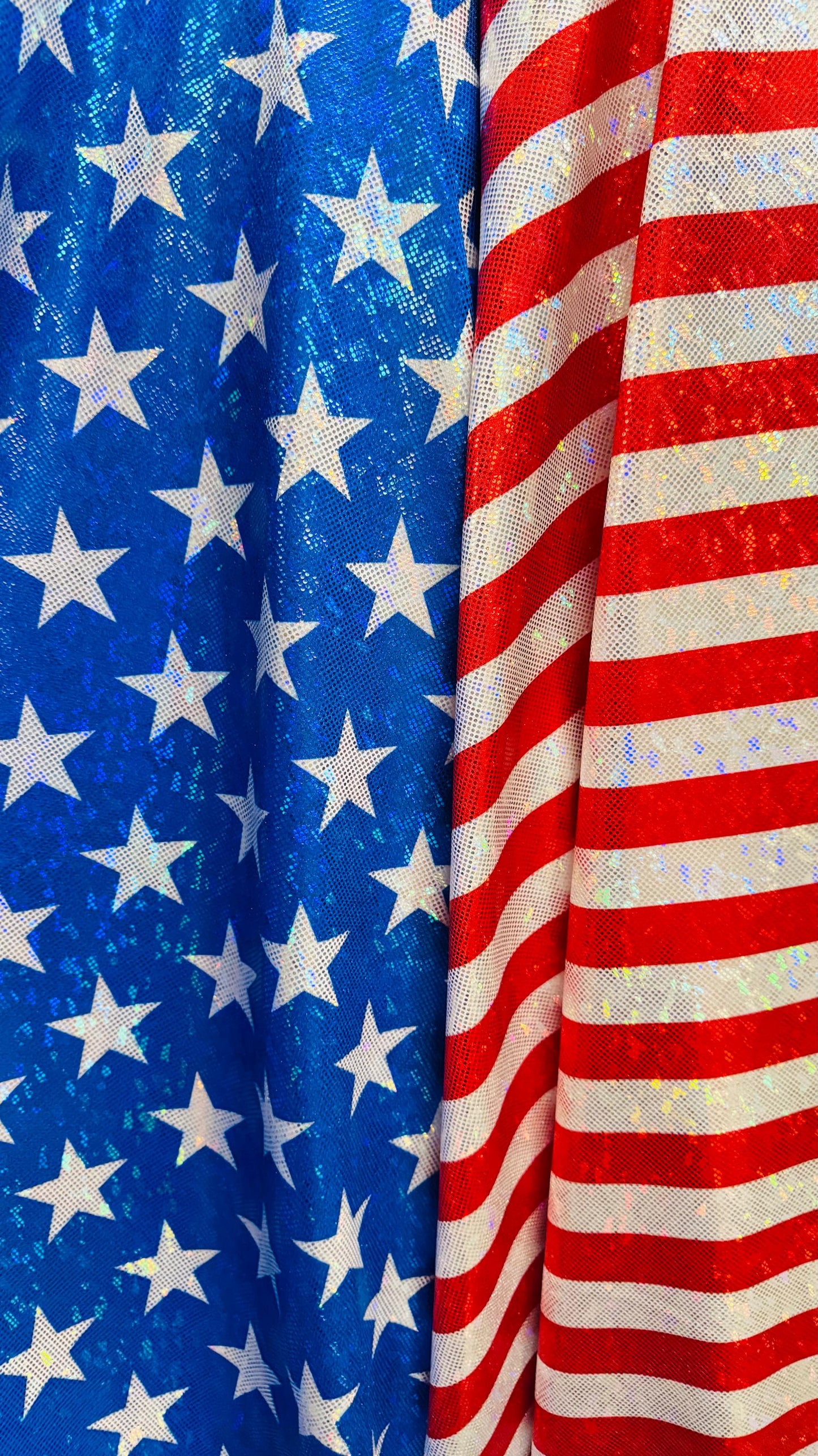 Stars and Stripes Freedom American Flag design on metallic shattered glass hologram nylon spandex 4-way stretch 58/60” High quality fabrics