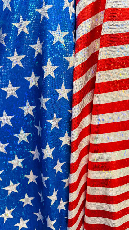Stars and Stripes Freedom American Flag design on metallic shattered glass hologram nylon spandex 4-way stretch 58/60” High quality fabrics