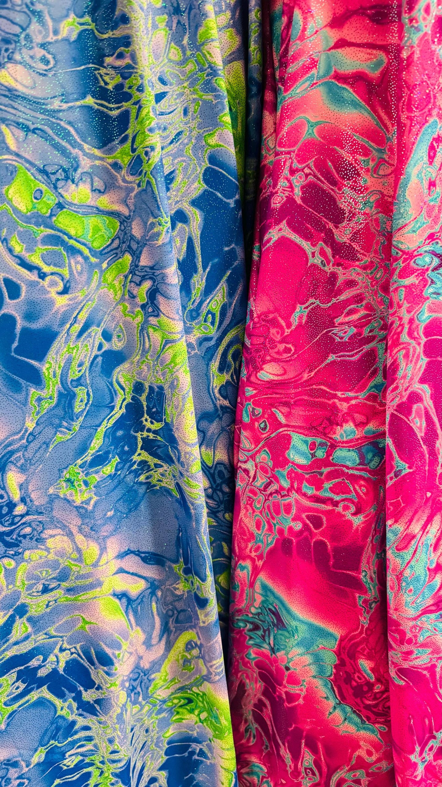 New Modern Abstract Lava Magma Design With Hologram foil nylon spandex 4-Way Stretch 58/60” Sold By The YD. Ships Worldwide From Los Angeles