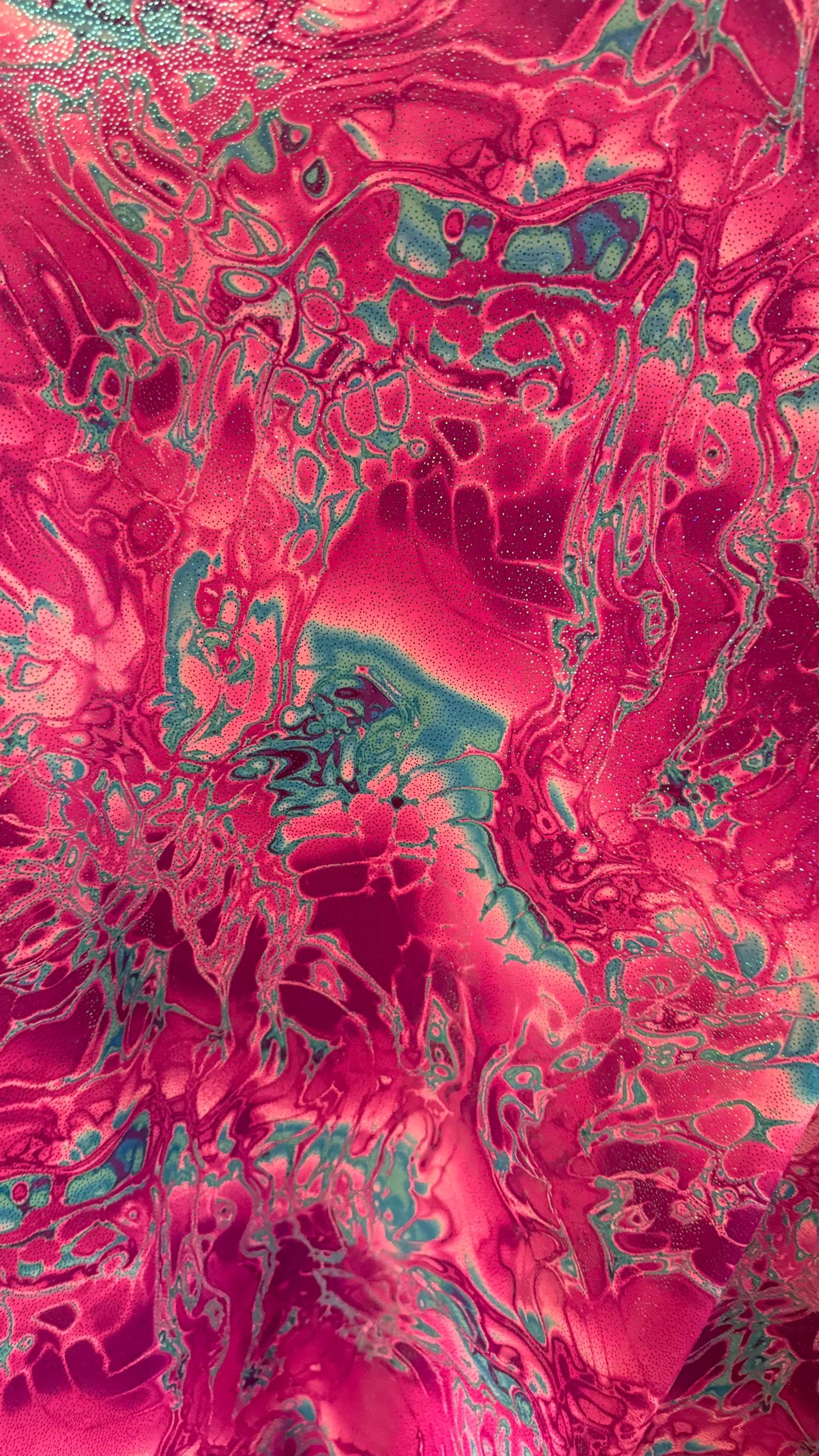 New Modern Abstract Lava Magma Design With Hologram foil nylon spandex 4-Way Stretch 58/60” Sold By The YD. Ships Worldwide From Los Angeles