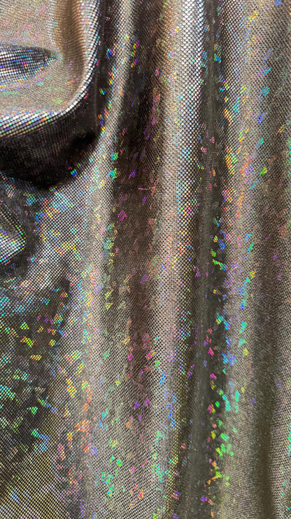Shattered glass Black/Black hologram metallic foil on stretch velvet best quality in the market 4-way stretch 58/60” High quality fabrics