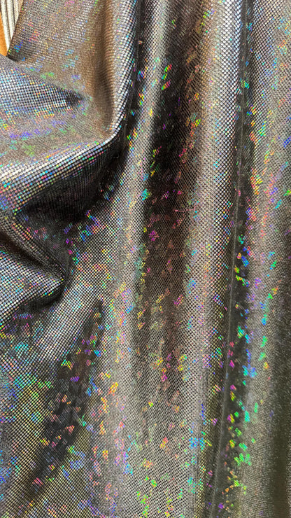 Shattered glass Black/Black hologram metallic foil on stretch velvet best quality in the market 4-way stretch 58/60” High quality fabrics