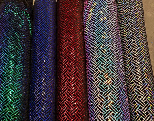 New Modern Overlap 3D Iridescent sequins on heavy stretch velvet 4way 2tone sequins 58/60" Sold by the YD. Ships worldwide from LA CA
