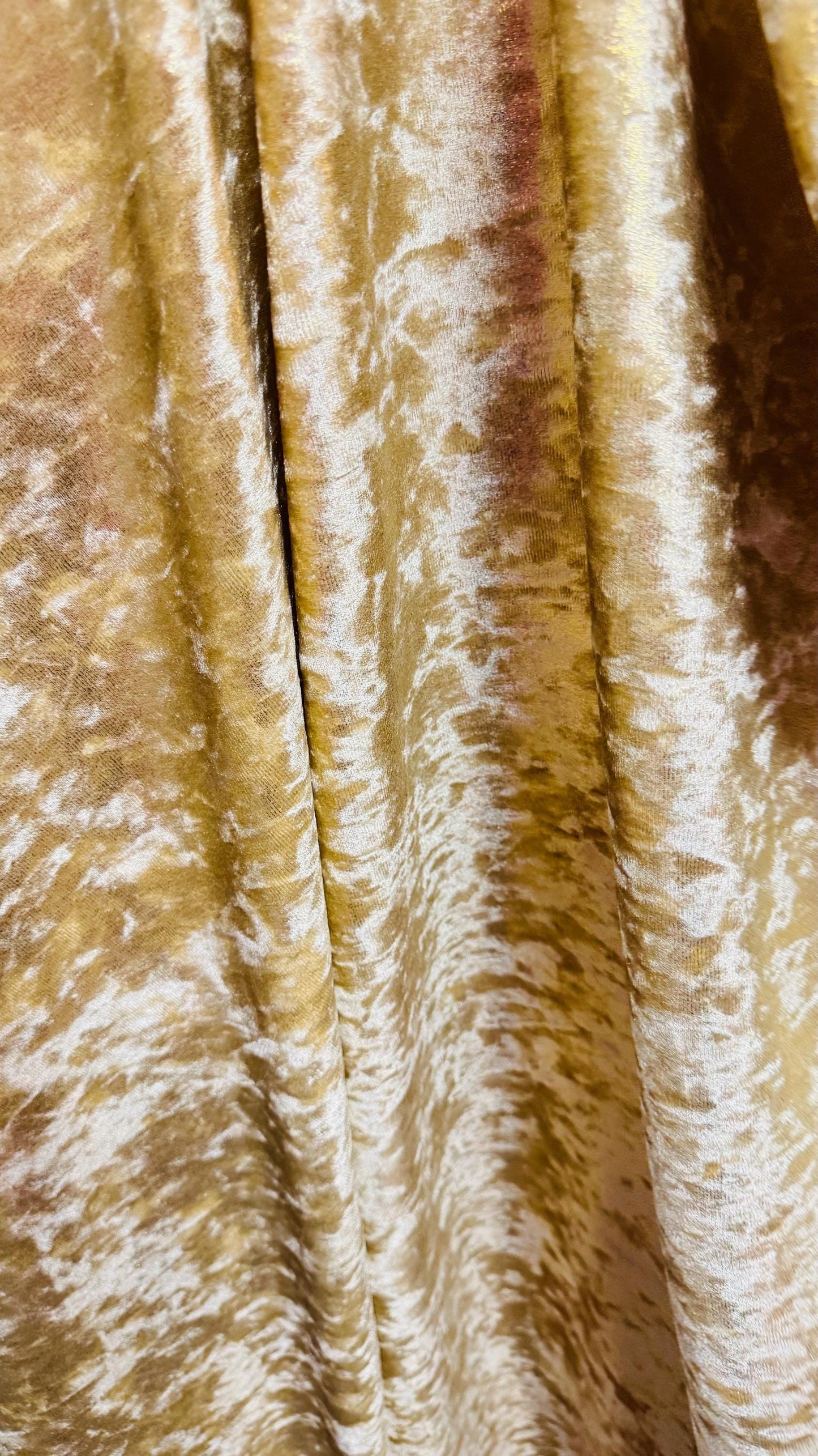 New Iridescent Gold foggy foil on stretch velvet 4way Stretch 58/60" Sold by the YD. Ships worldwide from Los Angeles California USA.