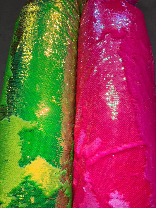 Neon colors Flip Up reversible sequins on spandex base 2-way stew 58/50” Sold by the YD. Ships worldwide from Los Angeles California USA