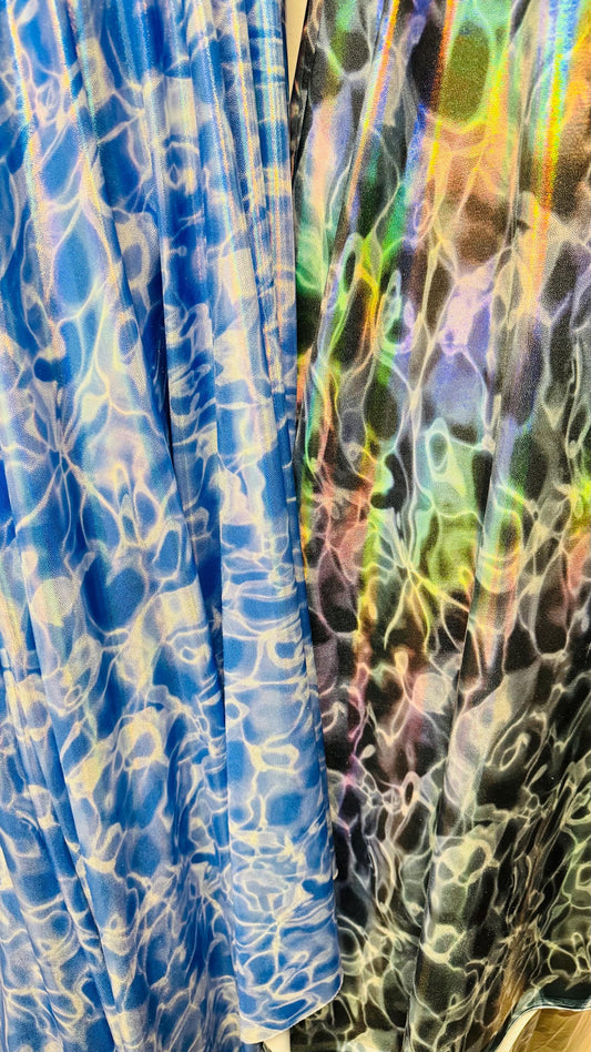 New Ghost 3D design metallic nylon spandex with iridescent foggy foil 4-way stretch 58/60” Sold by the YD. Ships Worldwide from Los Angeles