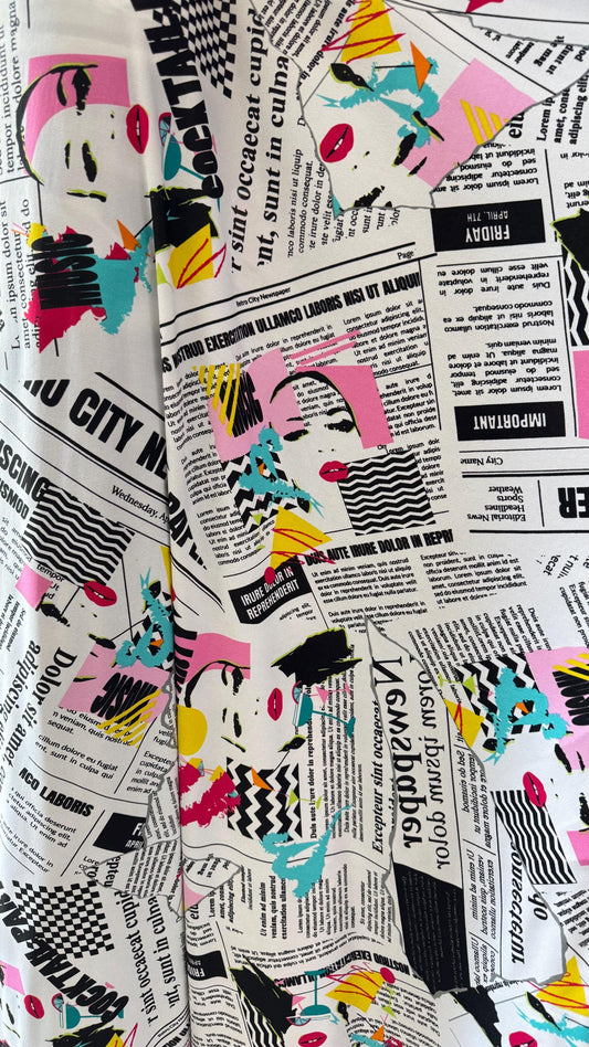 New Retro City Newspaper design print on poly spandex medium weight 2-way stretch 58/60” Sold by the YD. Ships worldwide from Los Angeles CA