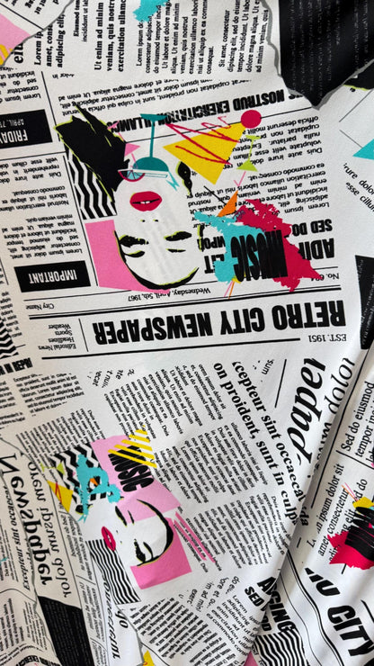 New Retro City Newspaper design print on poly spandex medium weight 2-way stretch 58/60” Sold by the YD. Ships worldwide from Los Angeles CA