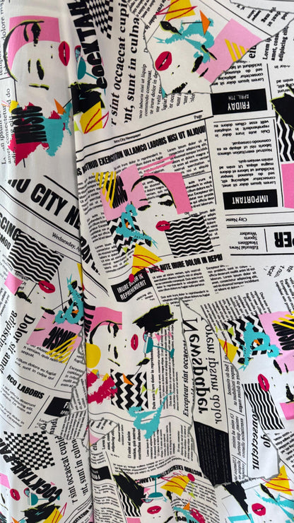 New Retro City Newspaper design print on poly spandex medium weight 2-way stretch 58/60” Sold by the YD. Ships worldwide from Los Angeles CA