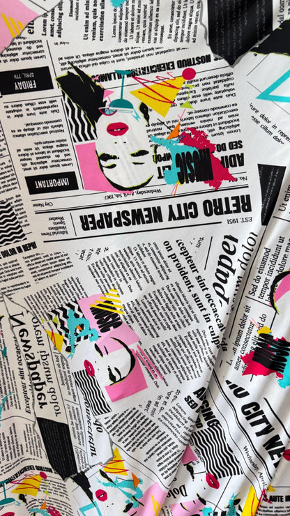 New Retro City Newspaper design print on poly spandex medium weight 2-way stretch 58/60” Sold by the YD. Ships worldwide from Los Angeles CA