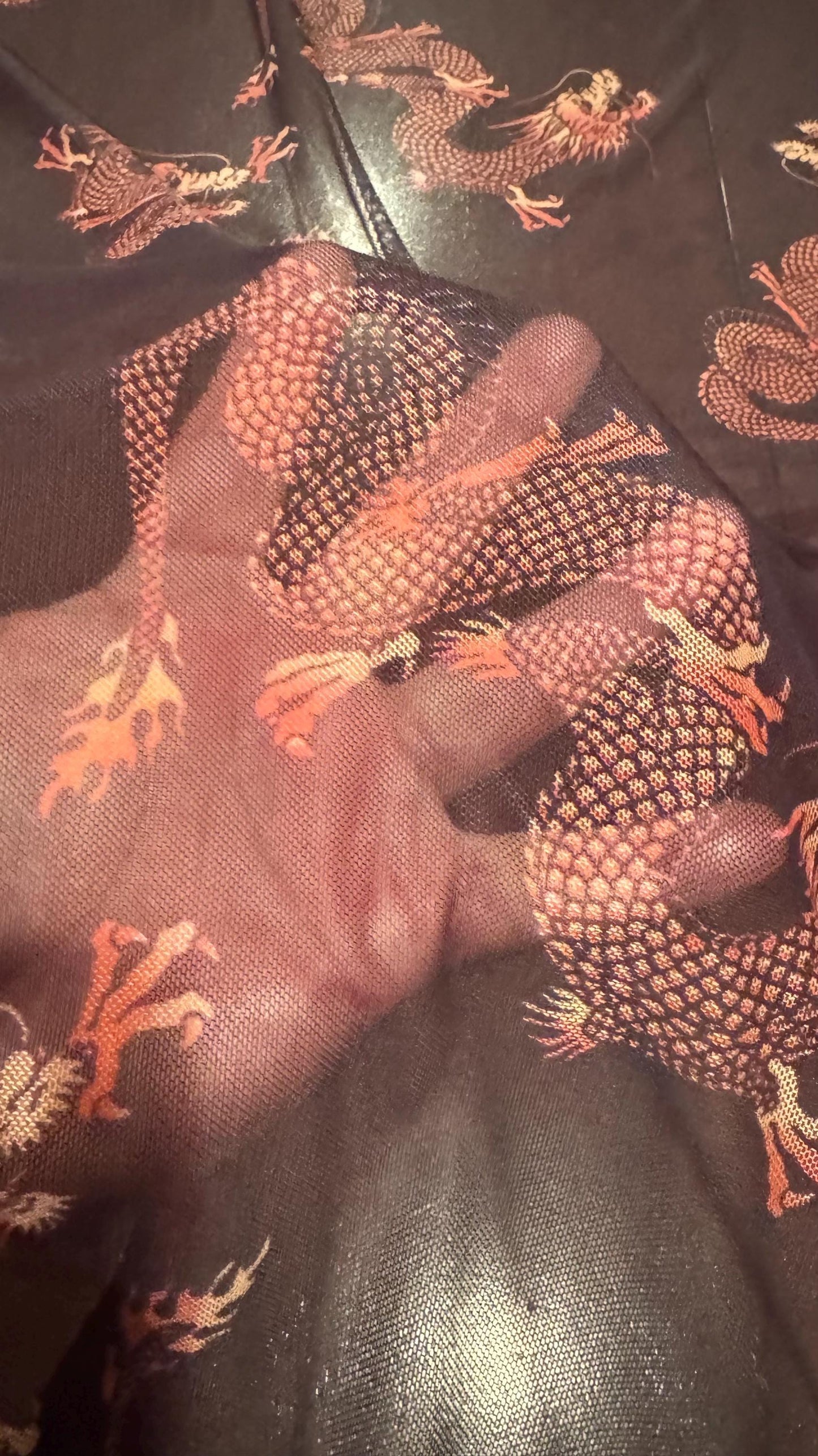 Dragon Exotic design Black/Rust Color  print on power mesh nylon spandex 4-way stretch 58/60” Sold by the YD. Ships worldwide from L.A CA