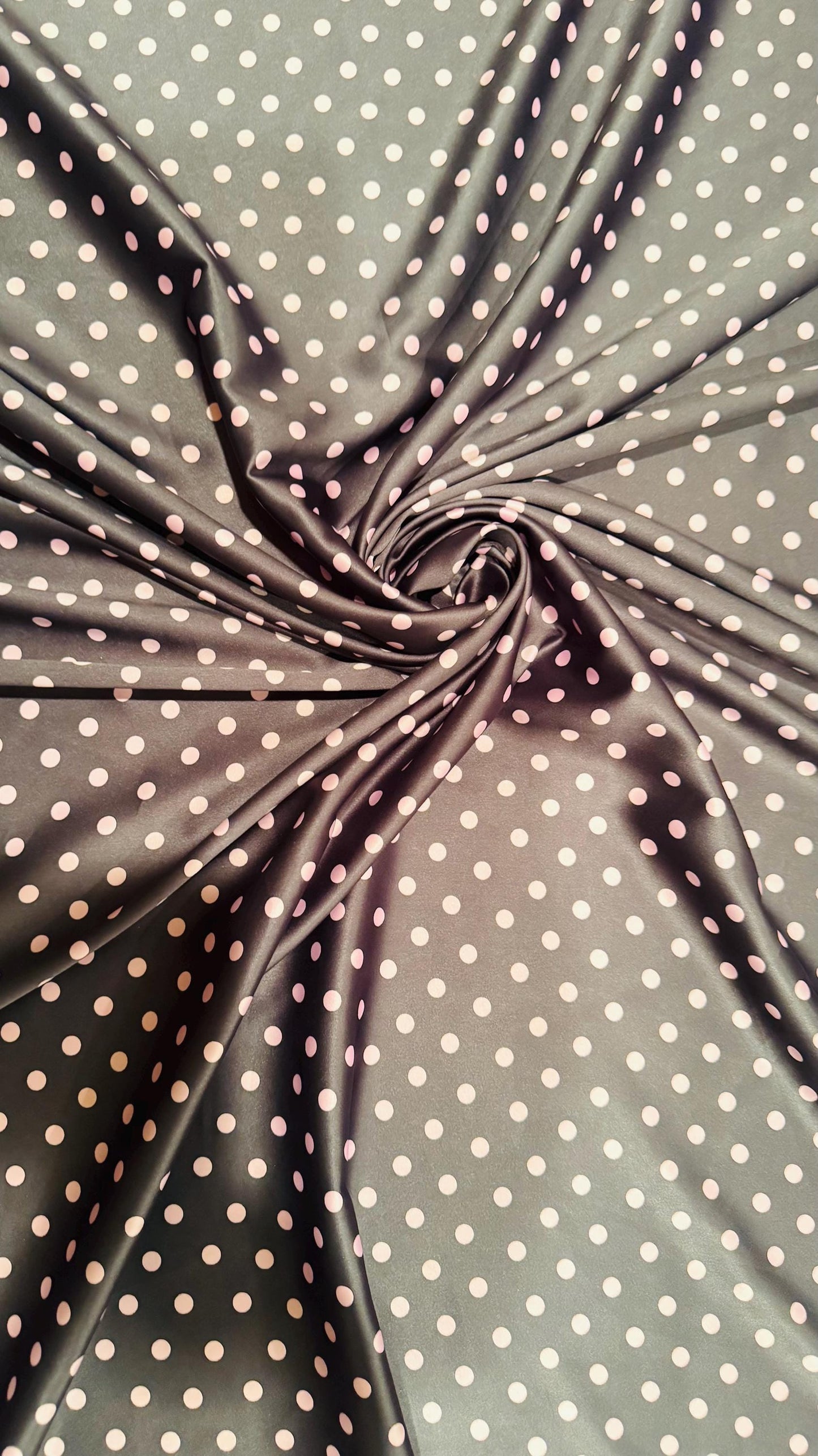 Polka Dots design on silky stretch satin 2-way stretch 44/45” Sold by the YD. High quality fabrics by AlexLAFabrics