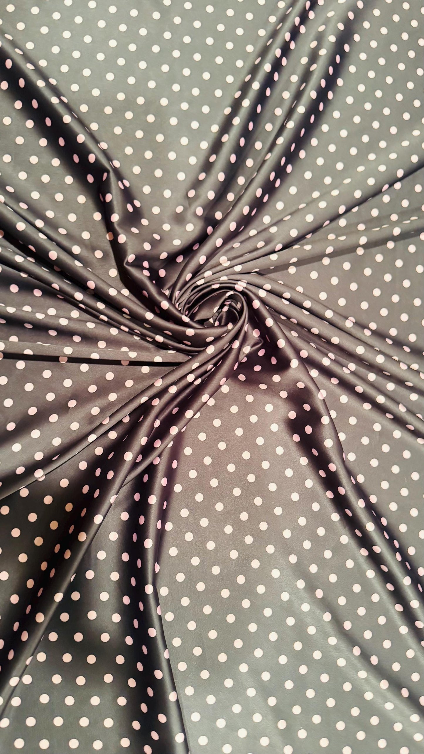 Polka Dots design on silky stretch satin 2-way stretch 44/45” Sold by the YD. High quality fabrics by AlexLAFabrics