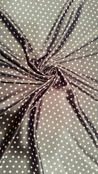 Polka Dots design on silky stretch satin 2-way stretch 44/45” Sold by the YD. High quality fabrics by AlexLAFabrics