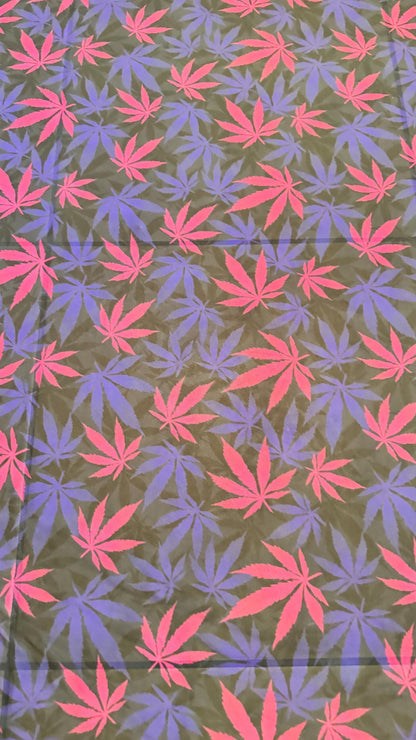 Marijuana Leaf design print on power mesh 4-way stretch 58/60” Sold by the YD. Ships Worldwide from Los Angeles California USA.