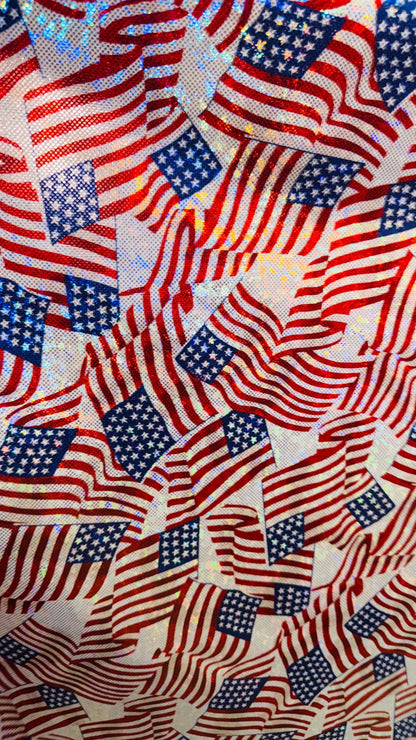 Freedom American Flag design on metallic shattered glass hologram nylon spandex 4-way stretch 58/60” High quality fabrics by AlexLAFabrics