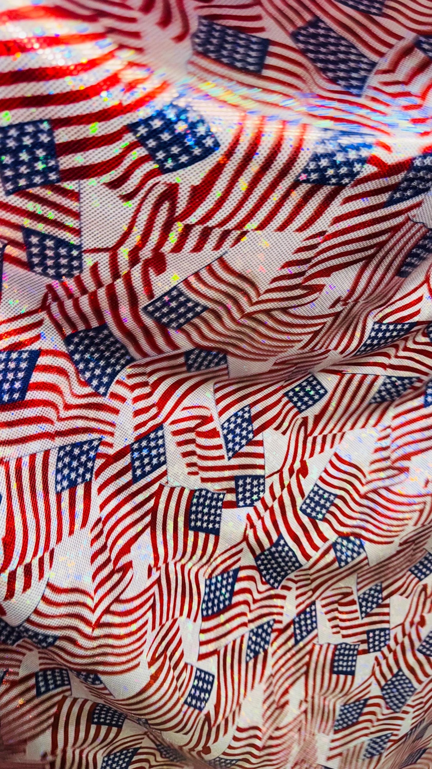 Freedom American Flag design on metallic shattered glass hologram nylon spandex 4-way stretch 58/60” High quality fabrics by AlexLAFabrics