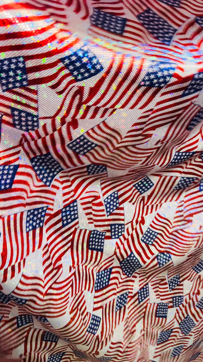 Freedom American Flag design on metallic shattered glass hologram nylon spandex 4-way stretch 58/60” High quality fabrics by AlexLAFabrics