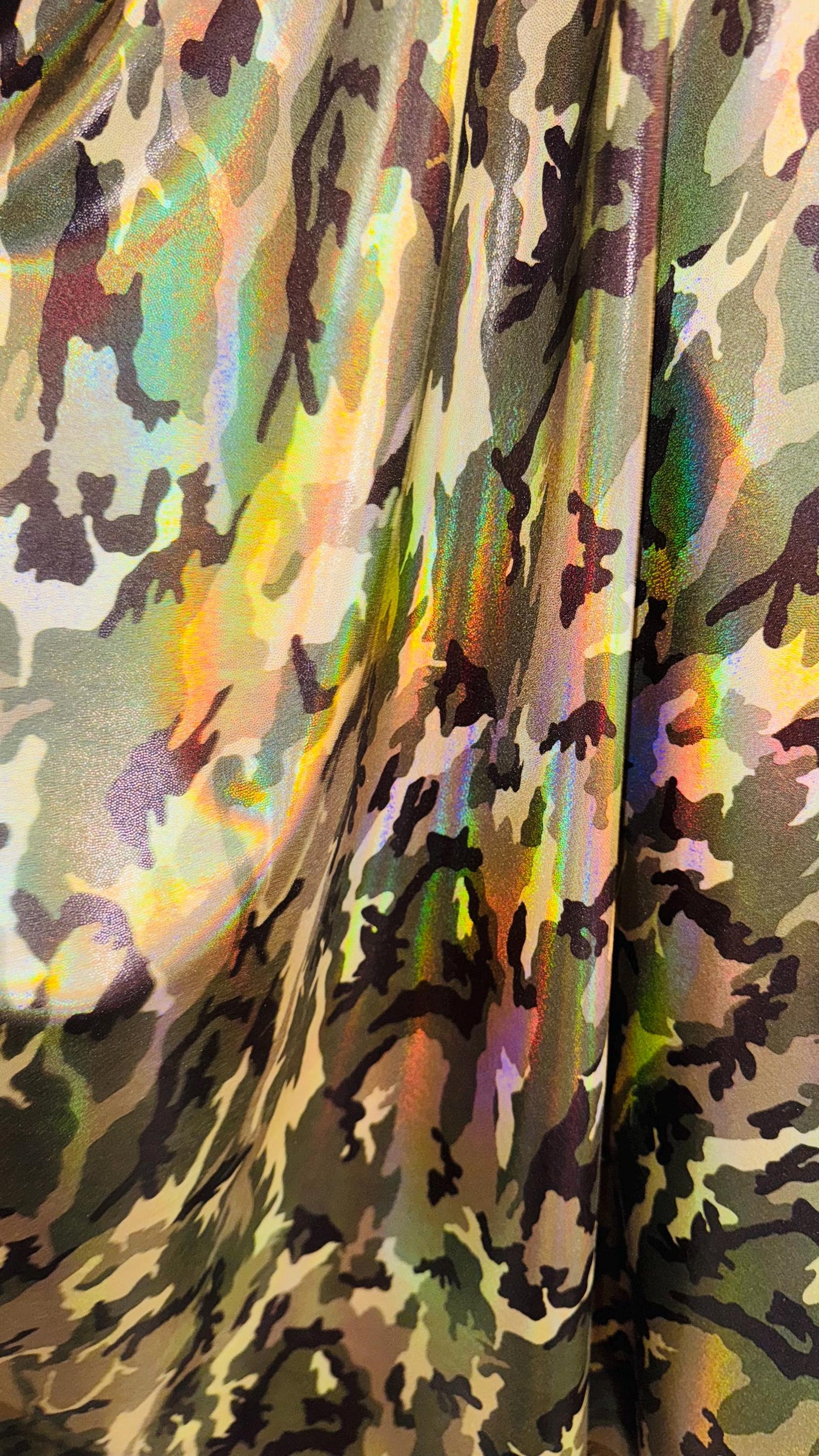 NEW Camouflage Army design on Iridescent Oil Slick metallic hologram nylon spandex 4way stretch 58/60" Sold by the YD. Ships worldwide