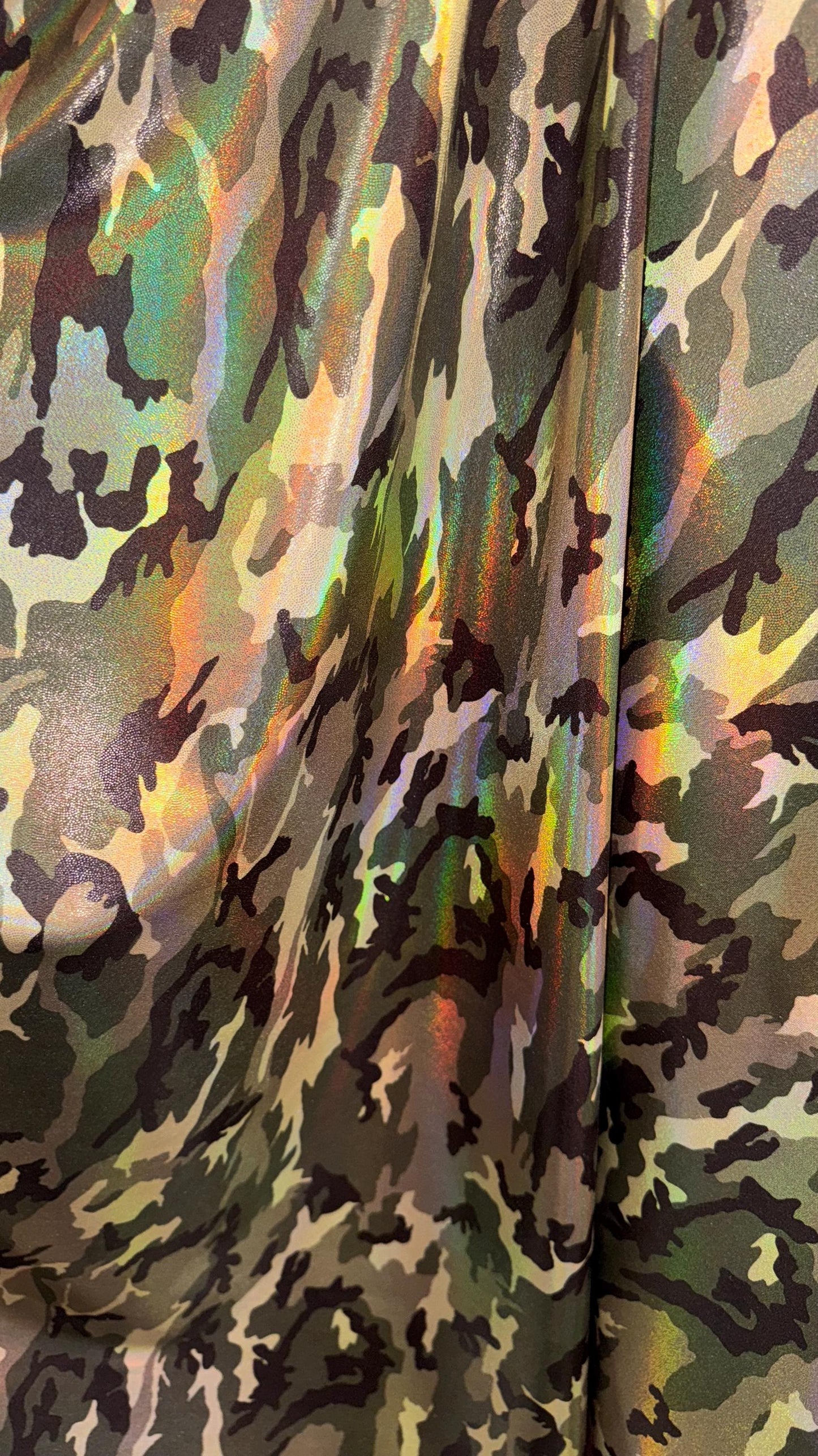 NEW Camouflage Army design on Iridescent Oil Slick metallic hologram nylon spandex 4way stretch 58/60" Sold by the YD. Ships worldwide