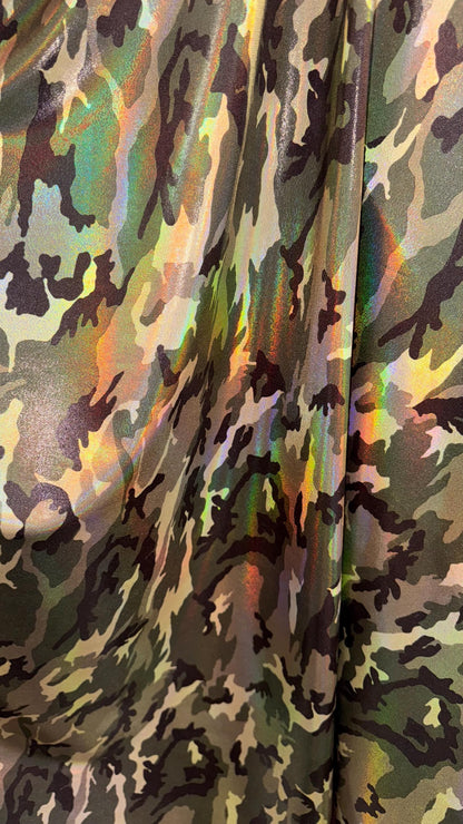 NEW Camouflage Army design on Iridescent Oil Slick metallic hologram nylon spandex 4way stretch 58/60" Sold by the YD. Ships worldwide