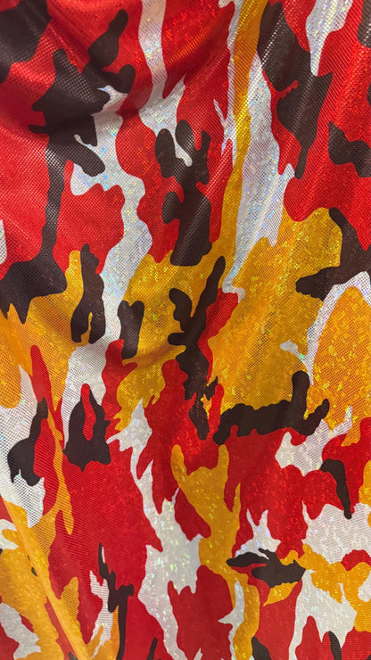 NEW Camouflage design Red/Gold/Black  on shattered glass metallic nylon spandex 4-way stretch 58/60” High quality fabrics by AlexLAFabrics
