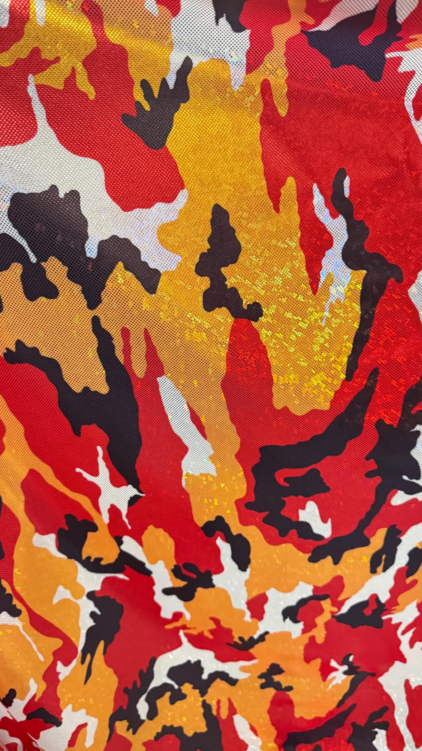 NEW Camouflage design Red/Gold/Black  on shattered glass metallic nylon spandex 4-way stretch 58/60” High quality fabrics by AlexLAFabrics