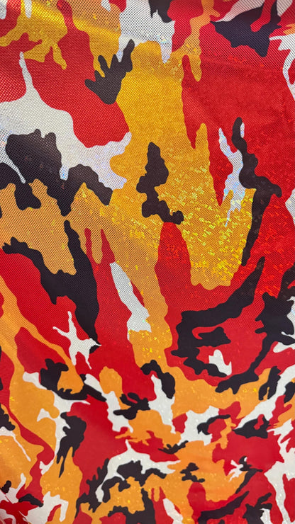 NEW Camouflage design Red/Gold/Black  on shattered glass metallic nylon spandex 4-way stretch 58/60” High quality fabrics by AlexLAFabrics