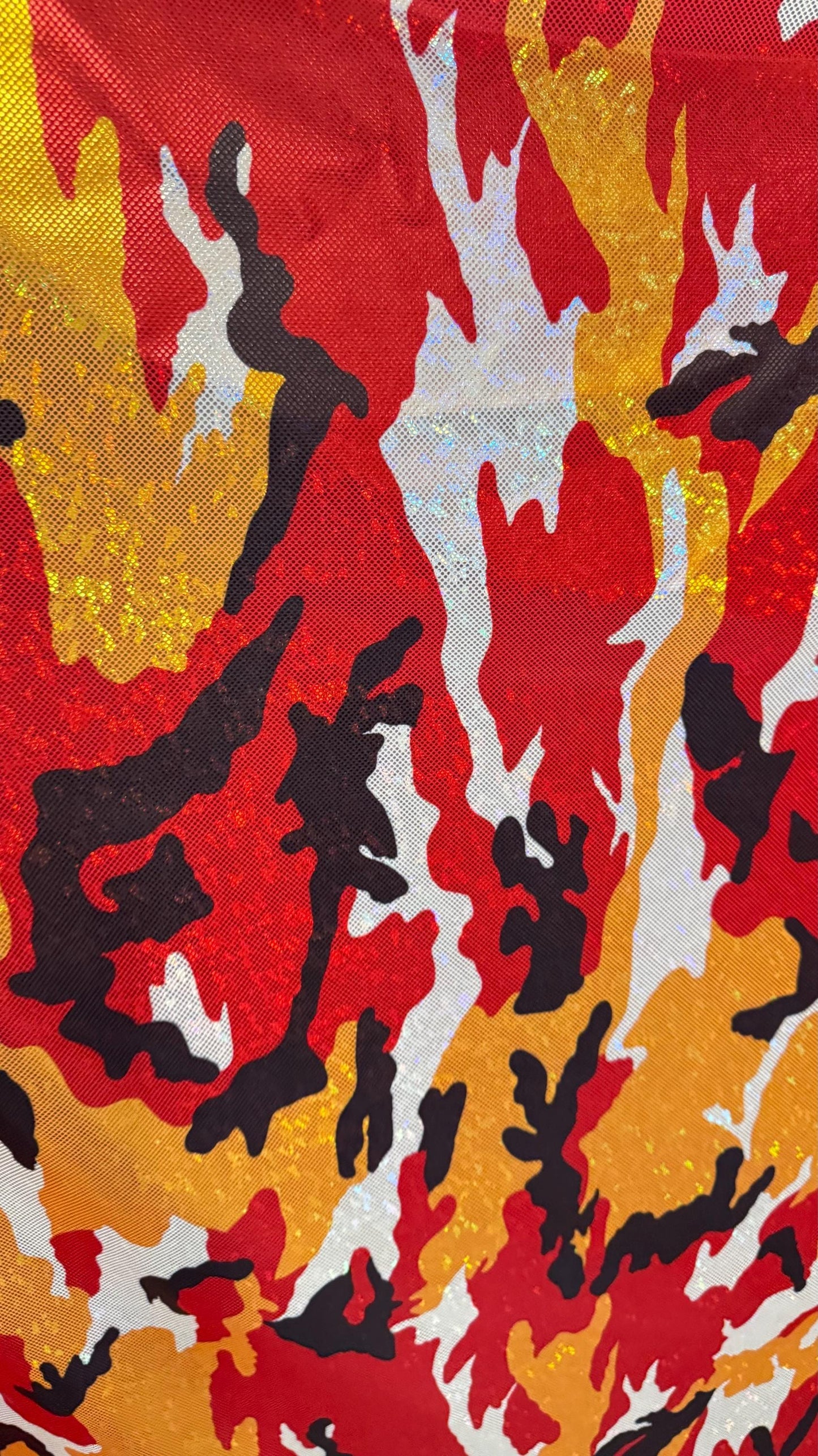 NEW Camouflage design Red/Gold/Black  on shattered glass metallic nylon spandex 4-way stretch 58/60” High quality fabrics by AlexLAFabrics
