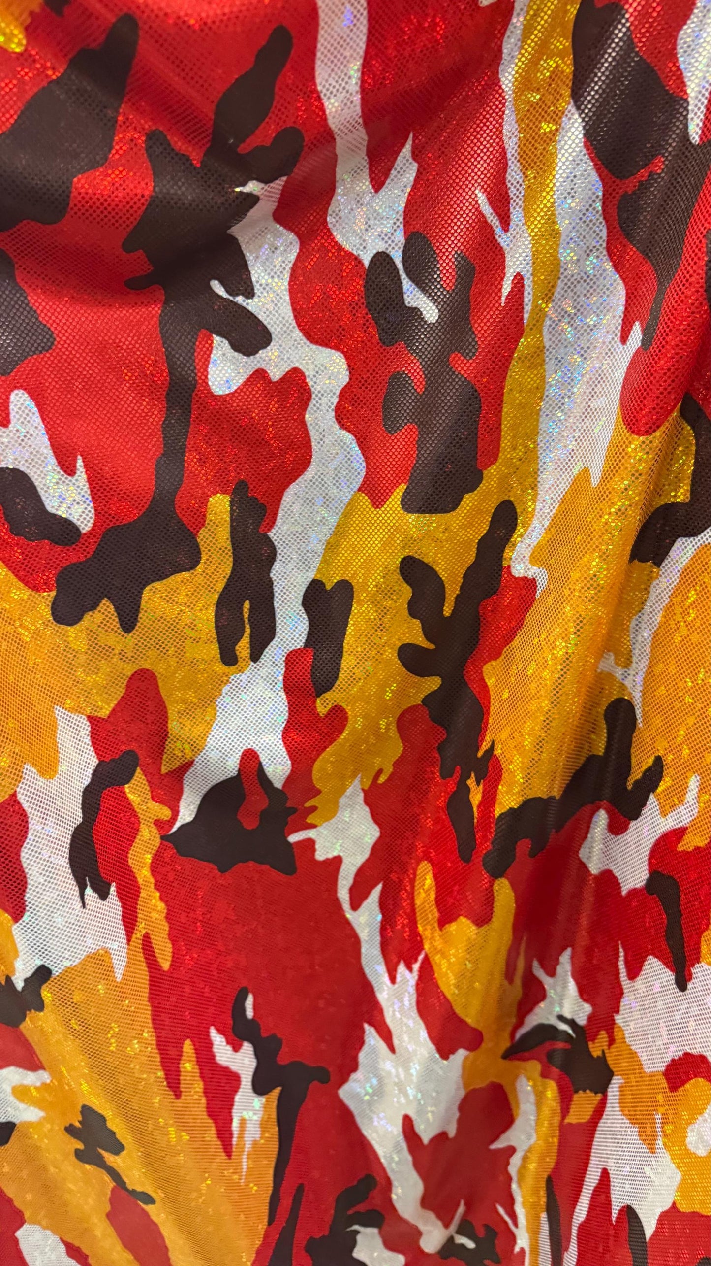 NEW Camouflage design Red/Gold/Black  on shattered glass metallic nylon spandex 4-way stretch 58/60” High quality fabrics by AlexLAFabrics