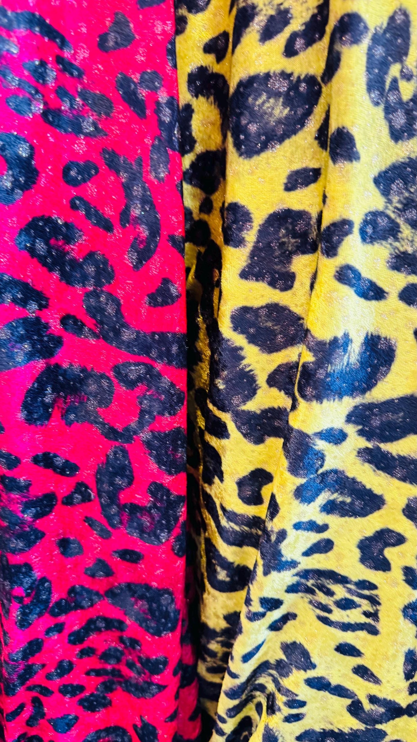 New Exotic leopard design Red and Neon Yellow color print on velour stretch velvet 2-way stretch 58/60” Sold by the YD. Ships worldwide