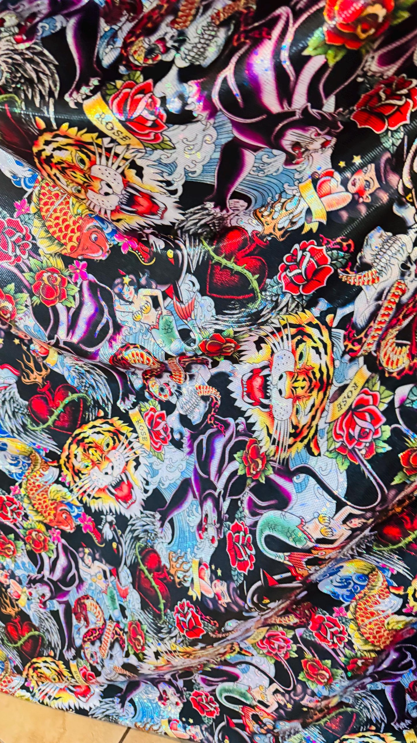Japanese Tattoo design print on Metallic Shattered Glass nylon spandex 4-way stretch 58/60” High Quality fabrics by AlexLAFabrics