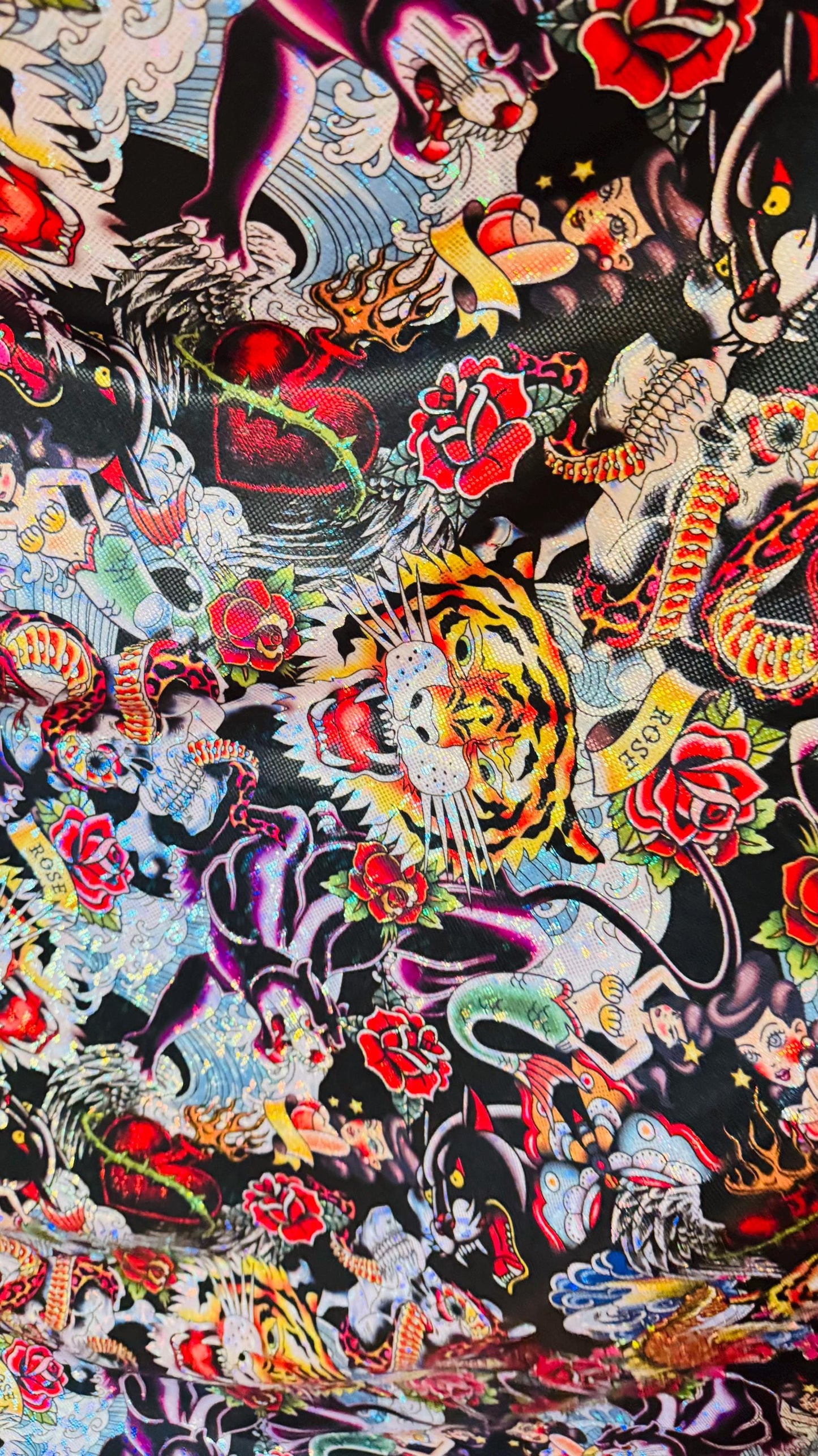 Japanese Tattoo design print on Metallic Shattered Glass nylon spandex 4-way stretch 58/60” High Quality fabrics by AlexLAFabrics