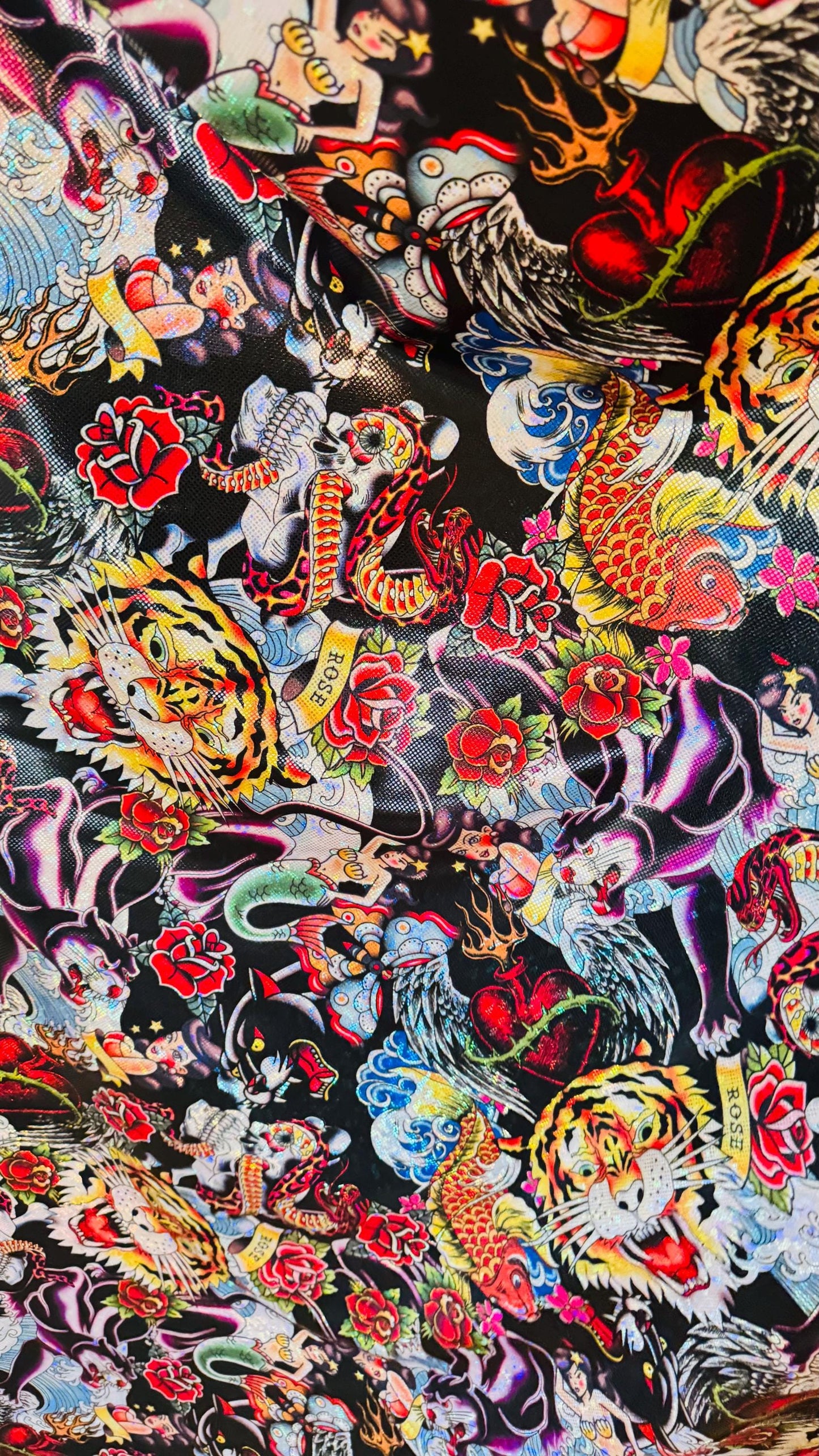 Japanese Tattoo design print on Metallic Shattered Glass nylon spandex 4-way stretch 58/60” High Quality fabrics by AlexLAFabrics