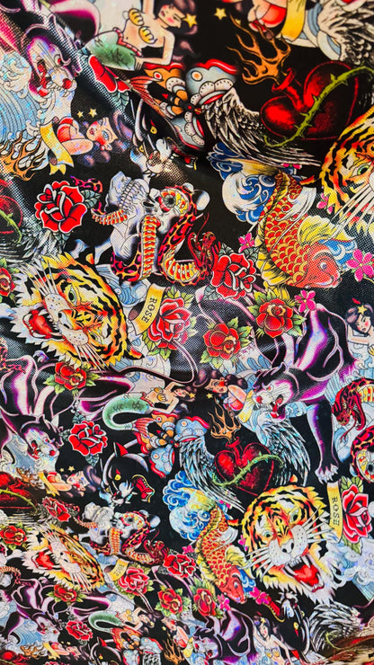 Japanese Tattoo design print on Metallic Shattered Glass nylon spandex 4-way stretch 58/60” High Quality fabrics by AlexLAFabrics