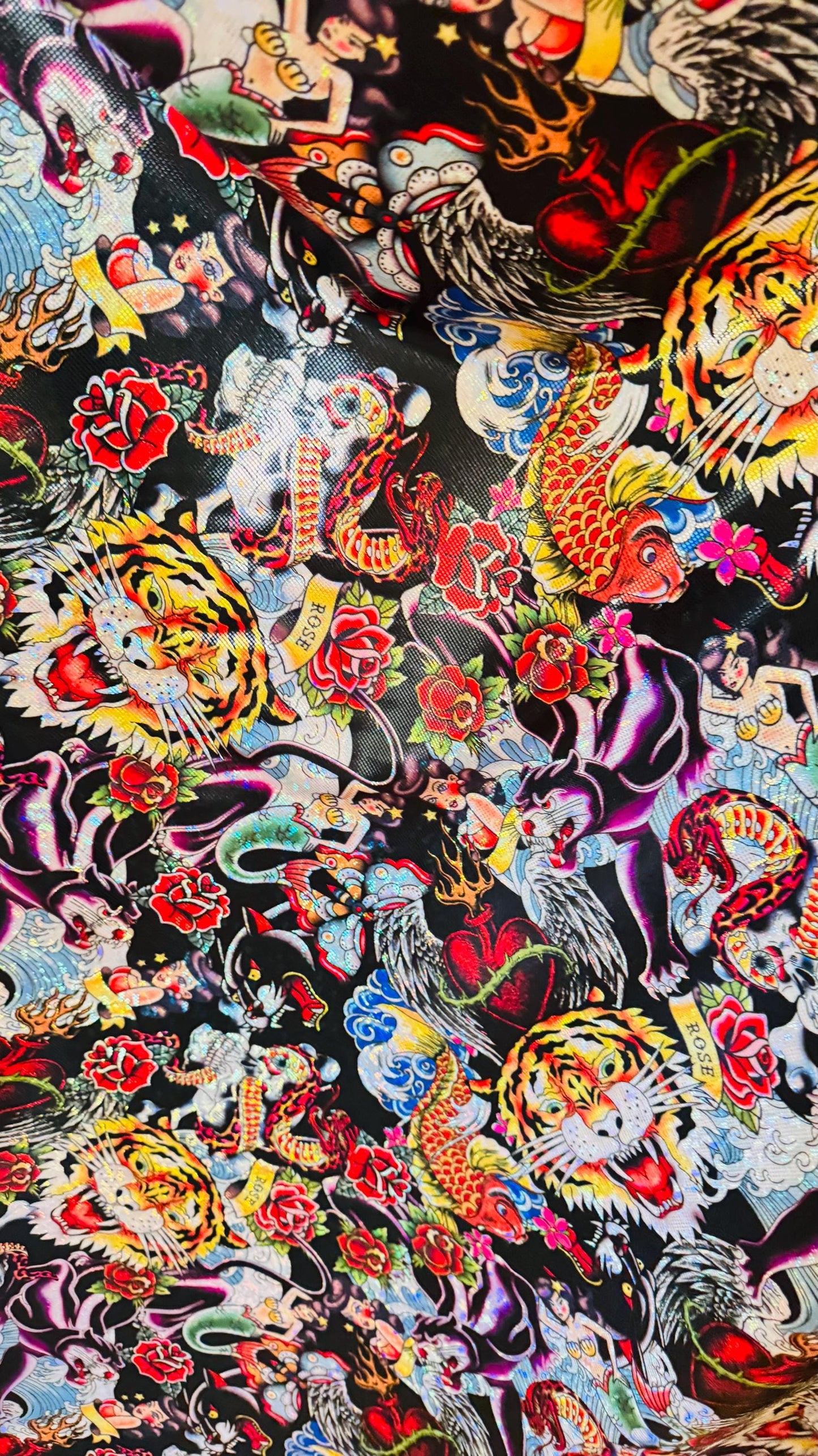 Japanese Tattoo design print on Metallic Shattered Glass nylon spandex 4-way stretch 58/60” High Quality fabrics by AlexLAFabrics