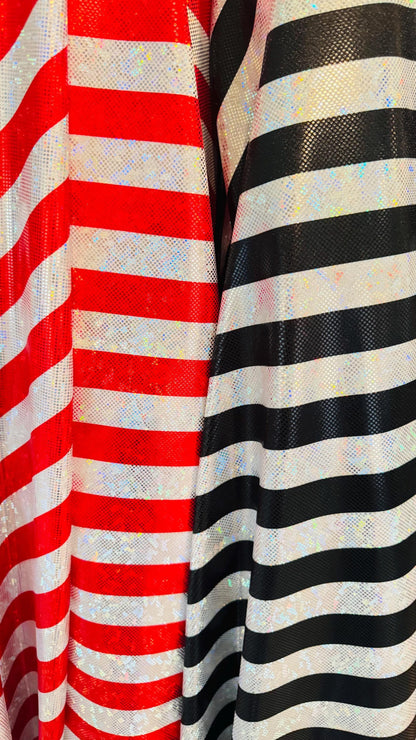 Stripes Freedom design 1” on metallic shattered glass hologram nylon spandex 4-way stretch 58/60” Multicolor Sold by the YD.