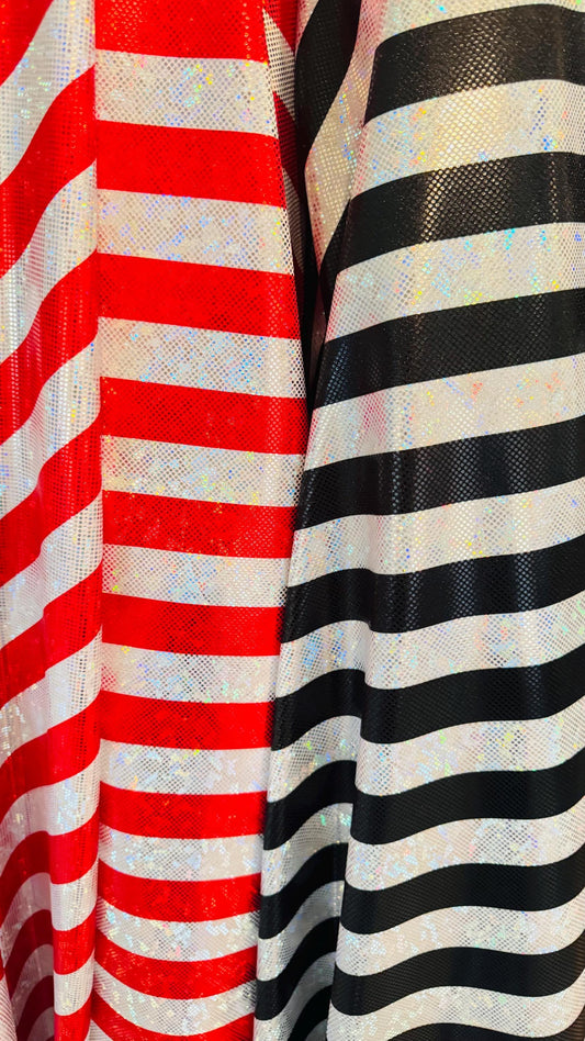 Stripes Freedom design 1” on metallic shattered glass hologram nylon spandex 4-way stretch 58/60” Multicolor Sold by the YD.