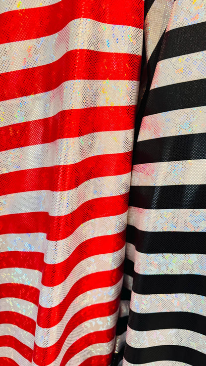 Stripes Freedom design 1” on metallic shattered glass hologram nylon spandex 4-way stretch 58/60” Multicolor Sold by the YD.