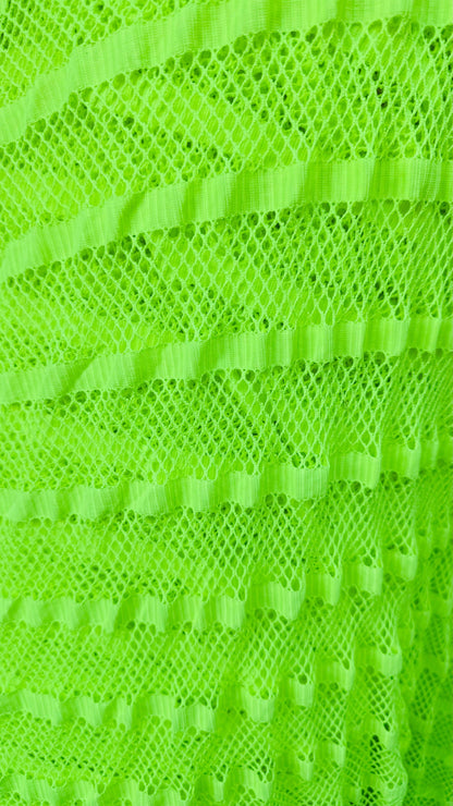 New fishnet Neon Green  with stripe design nylon spandex 2way stretch 58/60” Sold by the YD. Ships worldwide from Los Angeles California USA