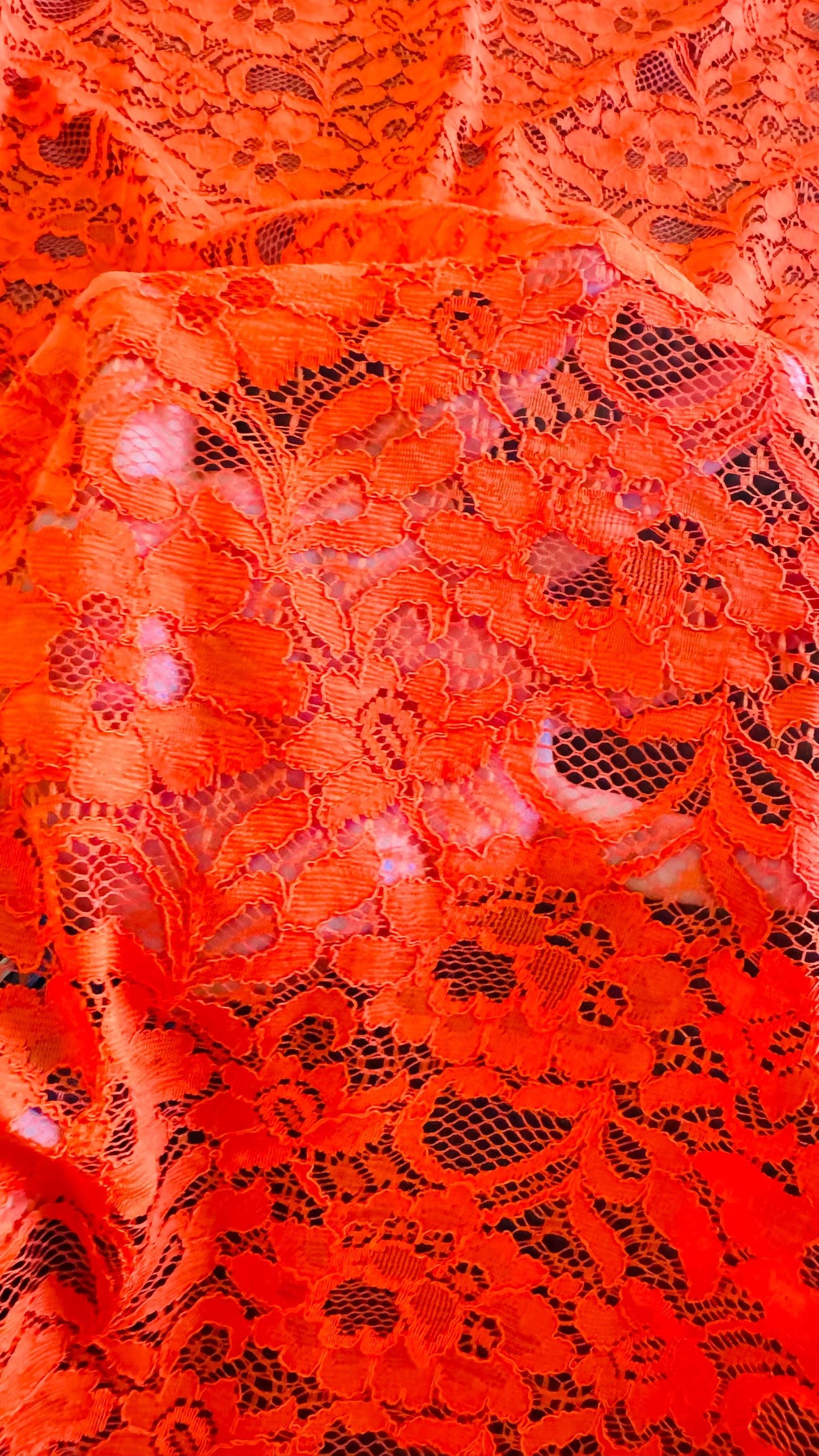 Stretch lace flower design Orange color NEW LACE 4way stretch 58/60" sold by the yd. Ships worldwide from Los Angeles California USA.