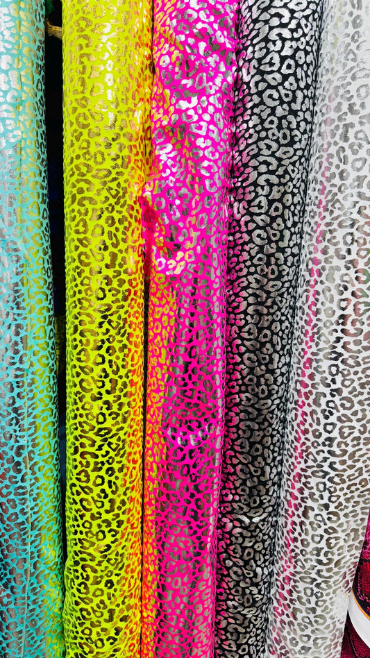New Exotic cheetah design metallic hologram nylon spandex 4-way spandex 58/60” Sold by the YD. Ships worldwide from Los Angeles California U