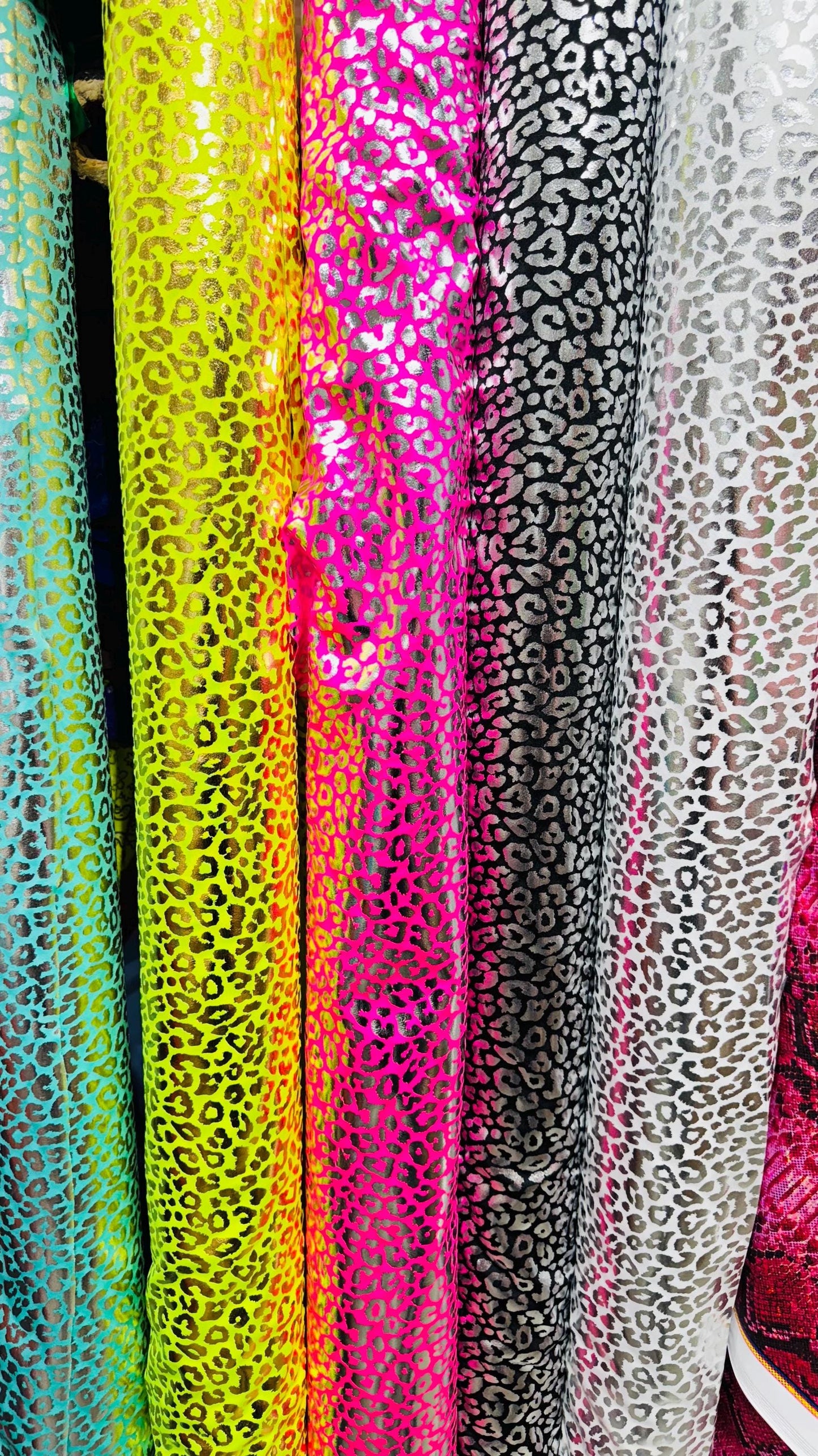 New Exotic cheetah design metallic hologram nylon spandex 4-way spandex 58/60” Sold by the YD. Ships worldwide from Los Angeles California U