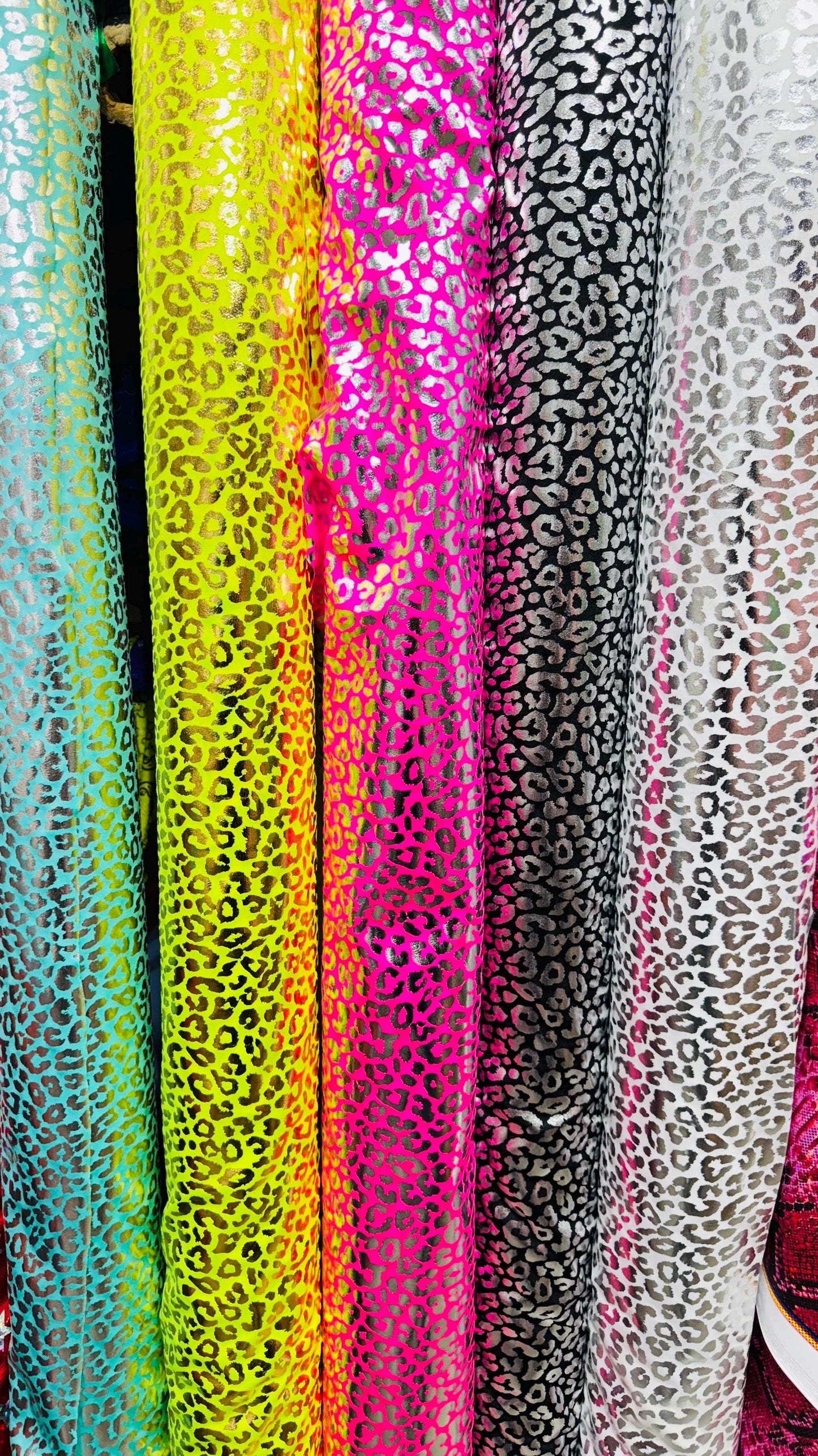 New Exotic cheetah design metallic hologram nylon spandex 4-way spandex 58/60” Sold by the YD. Ships worldwide from Los Angeles California U