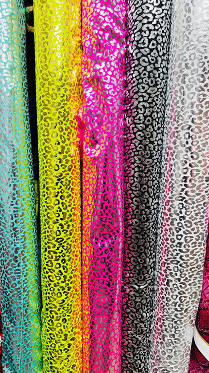 New Exotic cheetah design metallic hologram nylon spandex 4-way spandex 58/60” Sold by the YD. Ships worldwide from Los Angeles California U